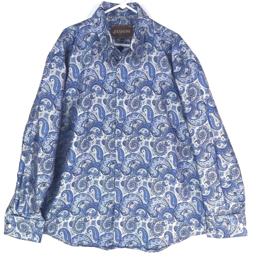Manzini Men 3XL Blue Black Paisley French Cuff Dress Shirt Long Sleeve Microfibe